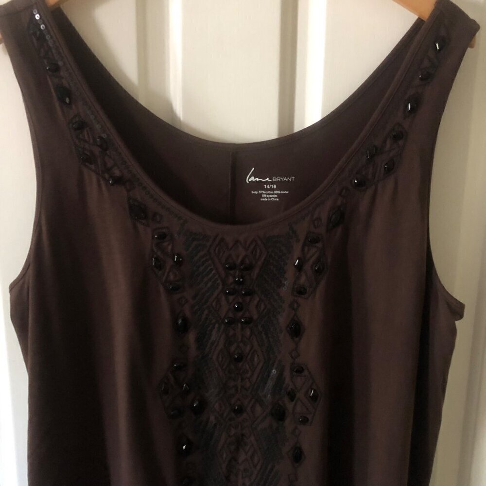 Women's Lane Bryant Sleeveless Blouse Brown with Black Sequin Beads Size 14/16